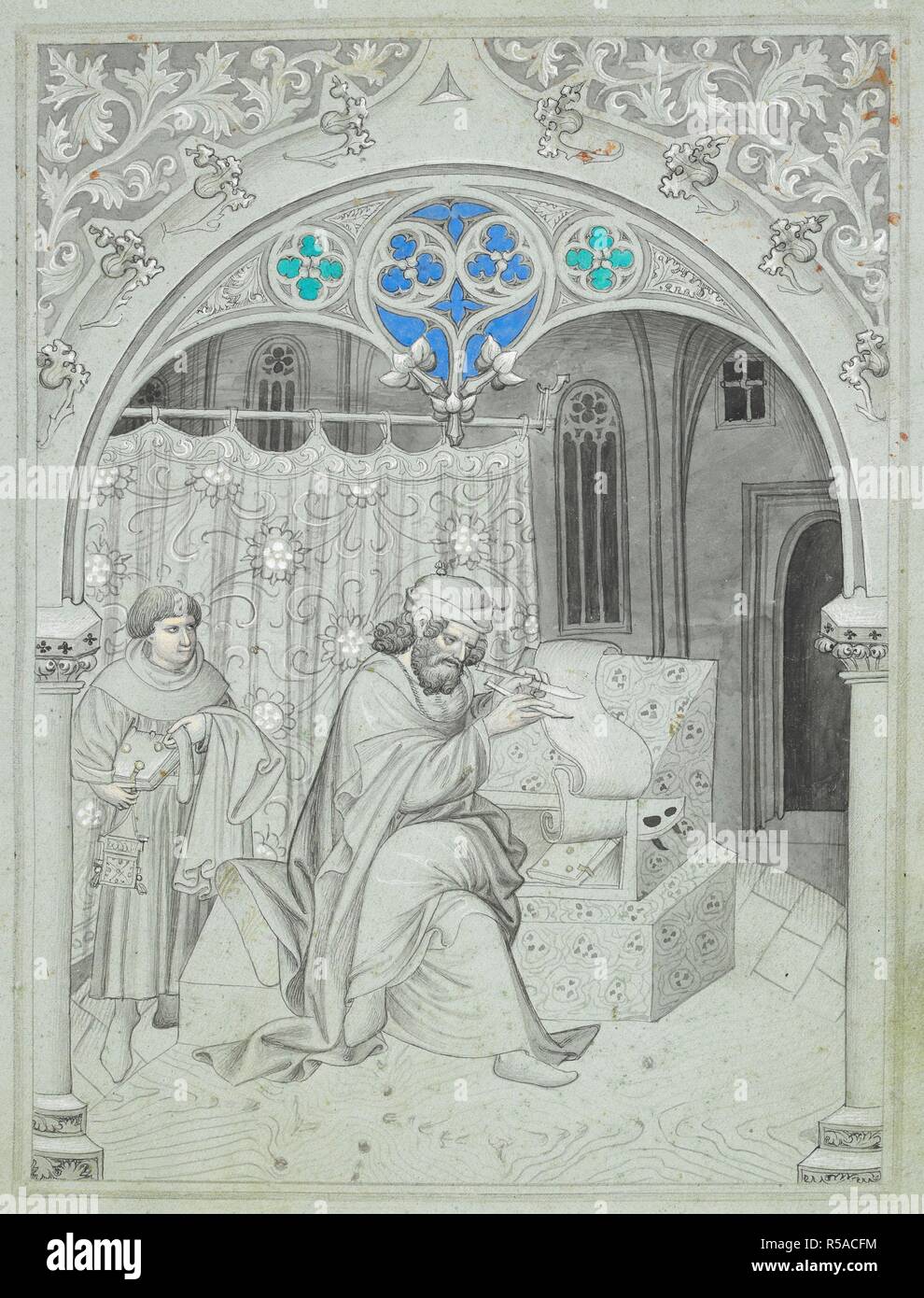 Sir John mandeville schriftlich Rechenschaft über seine Reise. Er schreibt auf einer Rolle Pergament und ein Knecht ist ein anderes holen. Ein Vorhang trennt seine Studie von einem hohen gewölbten Saal. Bild Buch von Sir John mandeville Reisen. Böhmen; circa 1410. Quelle: Hinzufügen. 24189, f 4. Autor: Mandeville, Sir John. Meister der Mandeville Reisen. Stockfoto