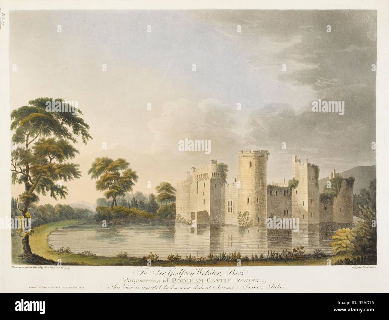 Bodiham Schloss auf der rechten Seite; der Graben in der Mitte der Ansicht; Bäume in der gesamten Szene. Sir Godfrey Webster, Bart Inhaber der BODIHAM SCHLOSS SUSSEX, diese Ansicht wird von den gehorsamen Diener Franziskus Jukes eingeschrieben. London: Pubd am 30. Juli 1799 von F. Jukes Howland Street., [30 Juli 1799]. Aquatinta und Ätzen mit hand-Färbung. Quelle: Karten K. Top. 42.38. c. Sprache: Englisch. Stockfoto