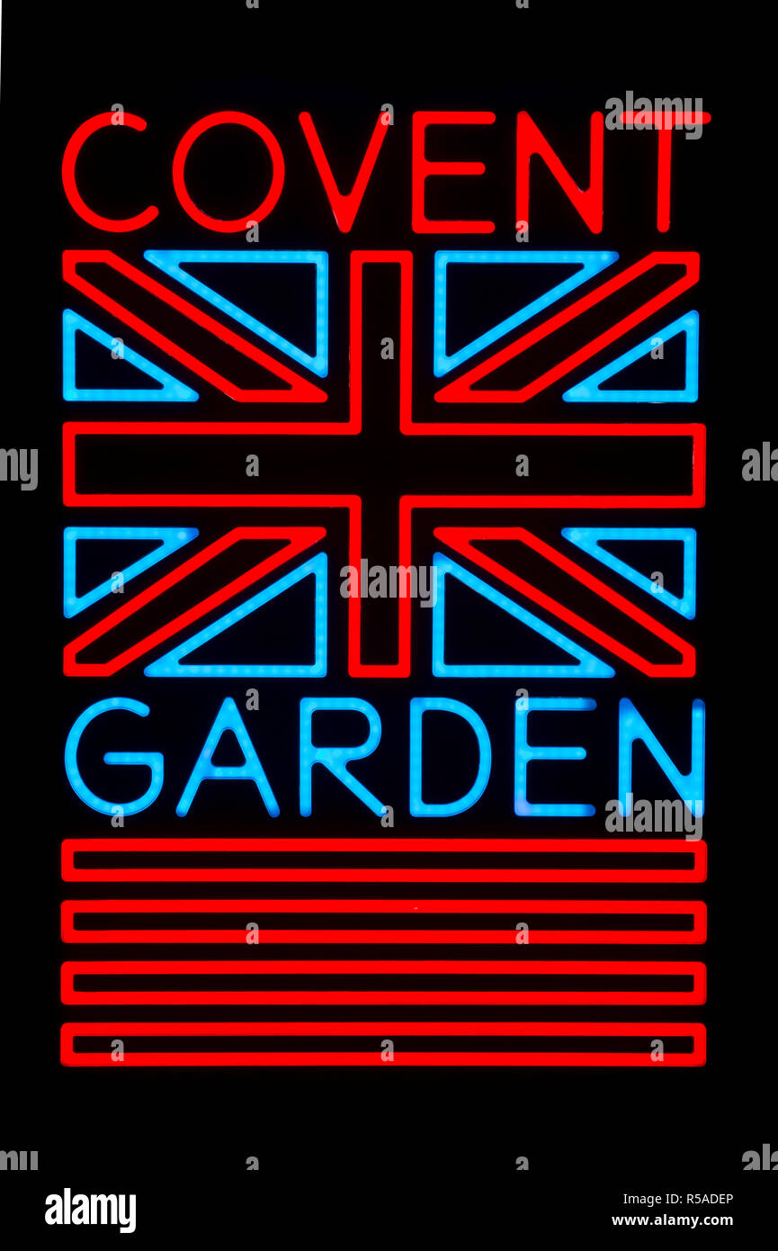 Leuchtreklame für die touristische Sehenswürdigkeit Stadtteil Covent Garden mit einem grafischen britischen Union Jack Flagge glühende auf schwarzem Hintergrund Stockfoto
