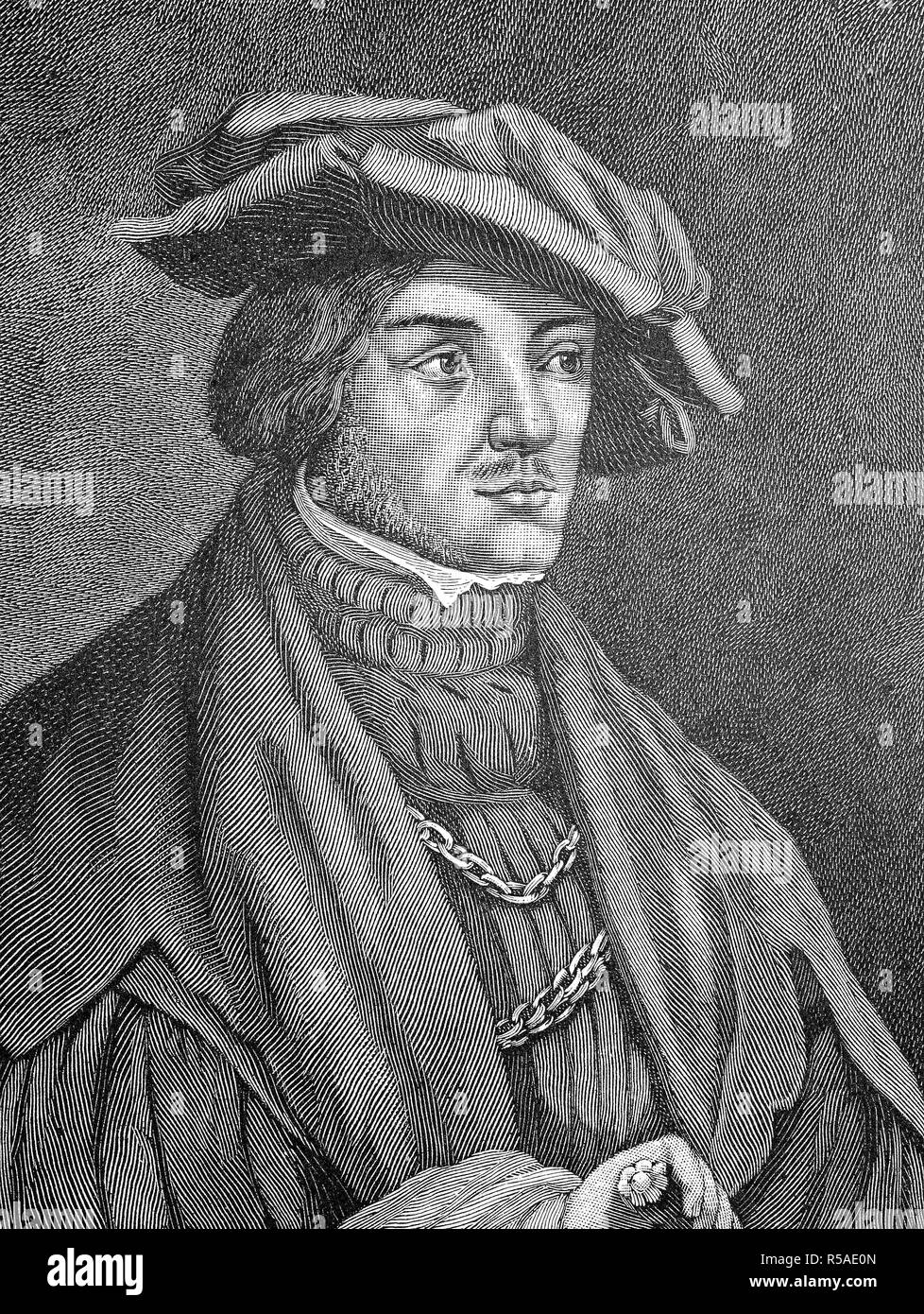 Ulrich von Hutten, 21. April 1488, den 29. August 1523, war ein deutscher Gelehrter, Dichter, Satiriker und Reformator, Holzschnitt aus dem Jahr 1888 Stockfoto