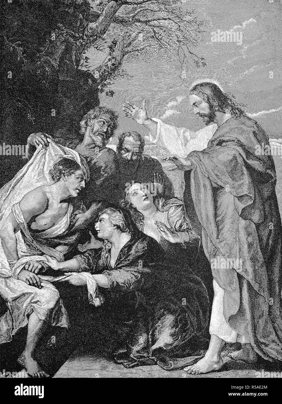 Christi Auferweckung des Lazarus, Gemälde von Peter Paul Rubens, 28. Juni 1577, vom 30. Mai 1640, Holzschnitt aus dem Jahr 1888, Deutschland Stockfoto