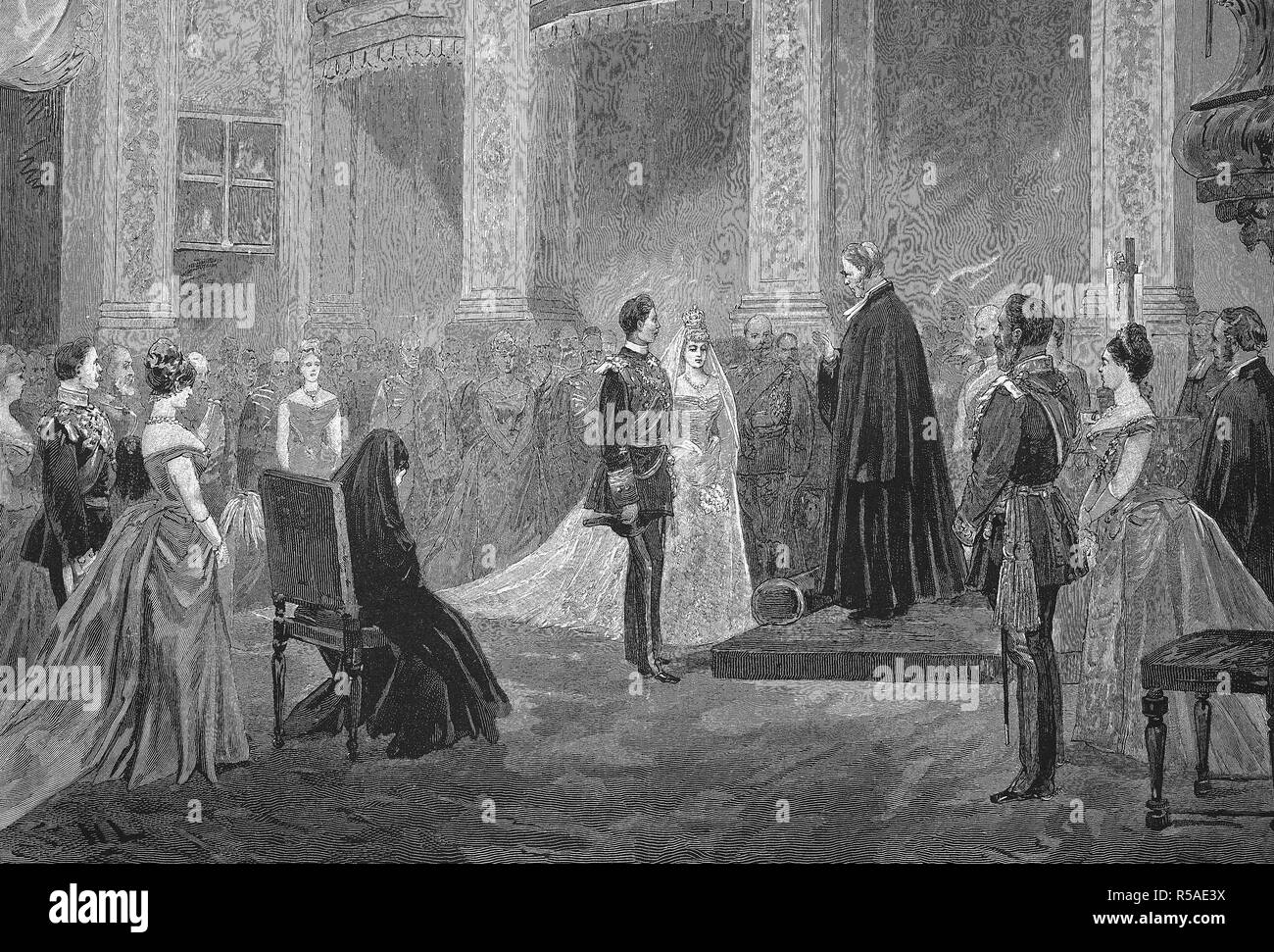 Hochzeit von Prinz Heinrich von Preußen und der Prinzessin Irene von Hessen 1888, in der Kapelle des Palais Charlottenburg, Berlin, Holzschnitt Stockfoto