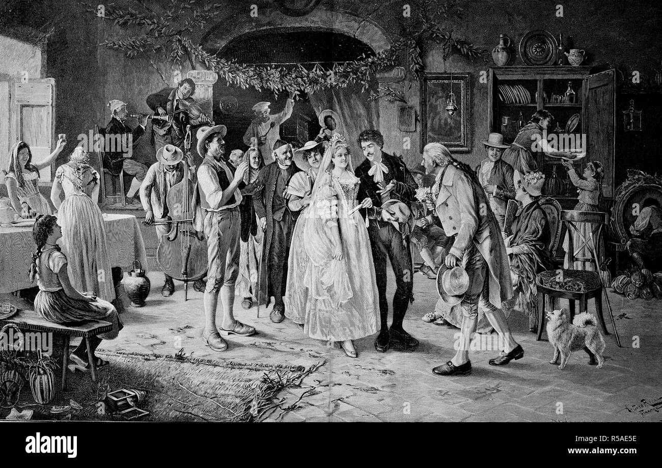 Eine Hochzeit im 18. Jahrhundert, Brautpaar im Kreis der Familie und Musiker, Holzschnitt, 1885, Italien Stockfoto
