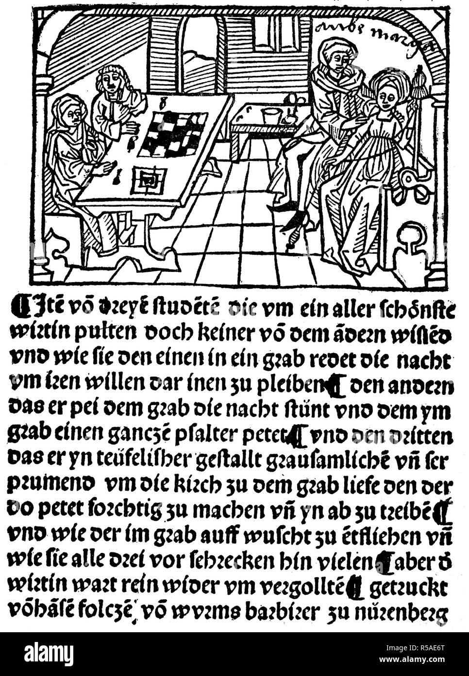 Studenten an eine liebe Abenteuer, Titel eines Buches von Hans Folz, 1480, Holzschnitt, Deutschland Stockfoto