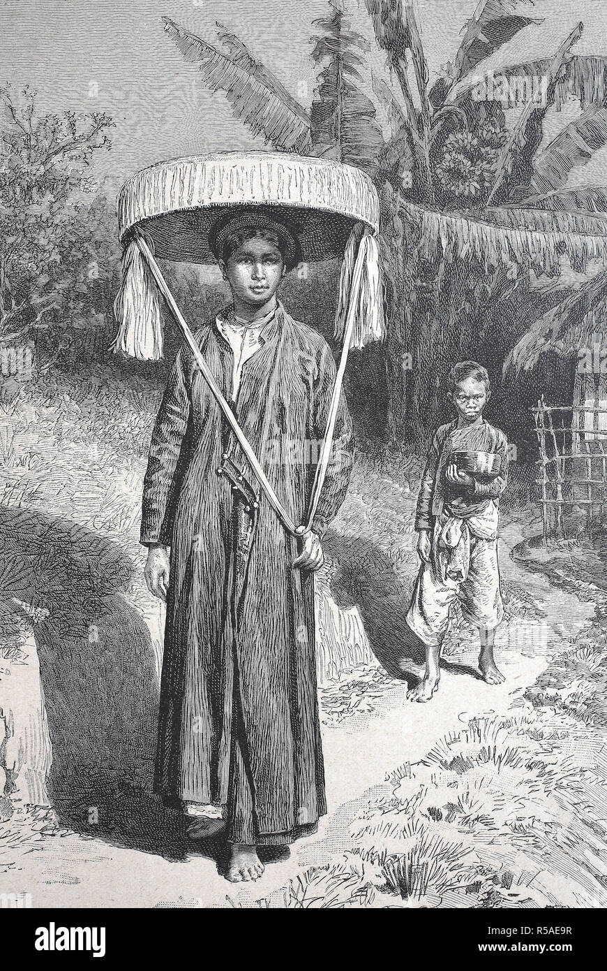Wohlhabende Frau, tonkinesin, in der Straße Kostüm und Sonnenschutz, Holzschnitt, 1885, Thailand Stockfoto