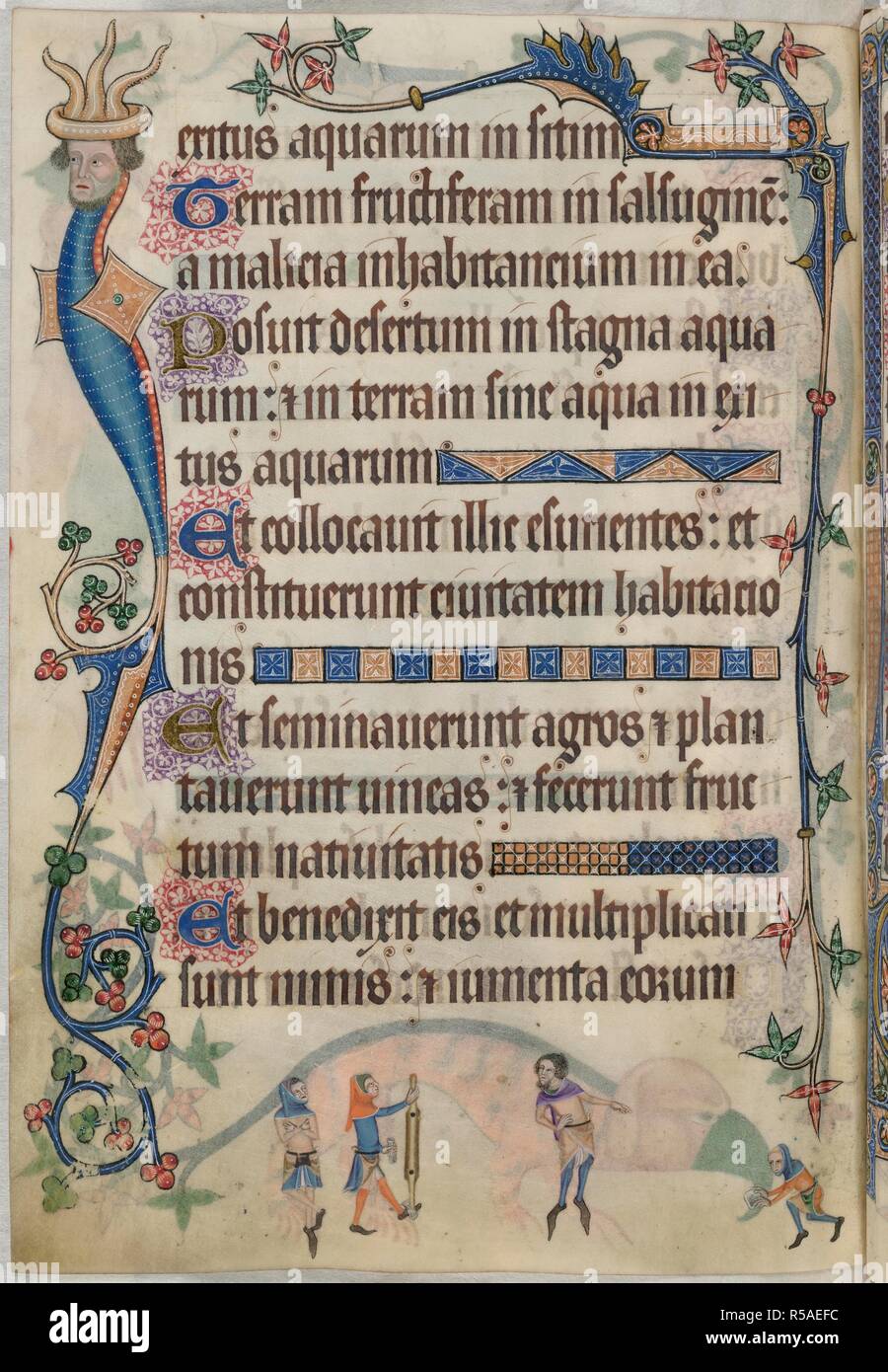 Psalm 106; ein Rechtsstreit. Luttrell Psalter. England [East Anglia]; ca. 1325-1335. [Ganze folio] Psalm 106. Grenze Dekoration mit grotesken in Form einer Serpentine Körper, mit gepanzerten Schulter wachen Ritter und ein bärtiger Mann Kopf trägt einen Triple-erklommen hat. Im unteren Rand, eine Szene, die einen Rechtsstreit repräsentieren kann. Zwei vermummte [Bauern?], eines mit Arme und Beine gekreuzt, der andere mit einem Handschuh und ein Objekt wie eine Gabel, ein wohlhabender Mann, der Gesten zu ein Mann oder ein Junge, der ein Dokument oder ein Stück Brot Bild von Luttrell Psalter entnommen. Oder Stockfoto