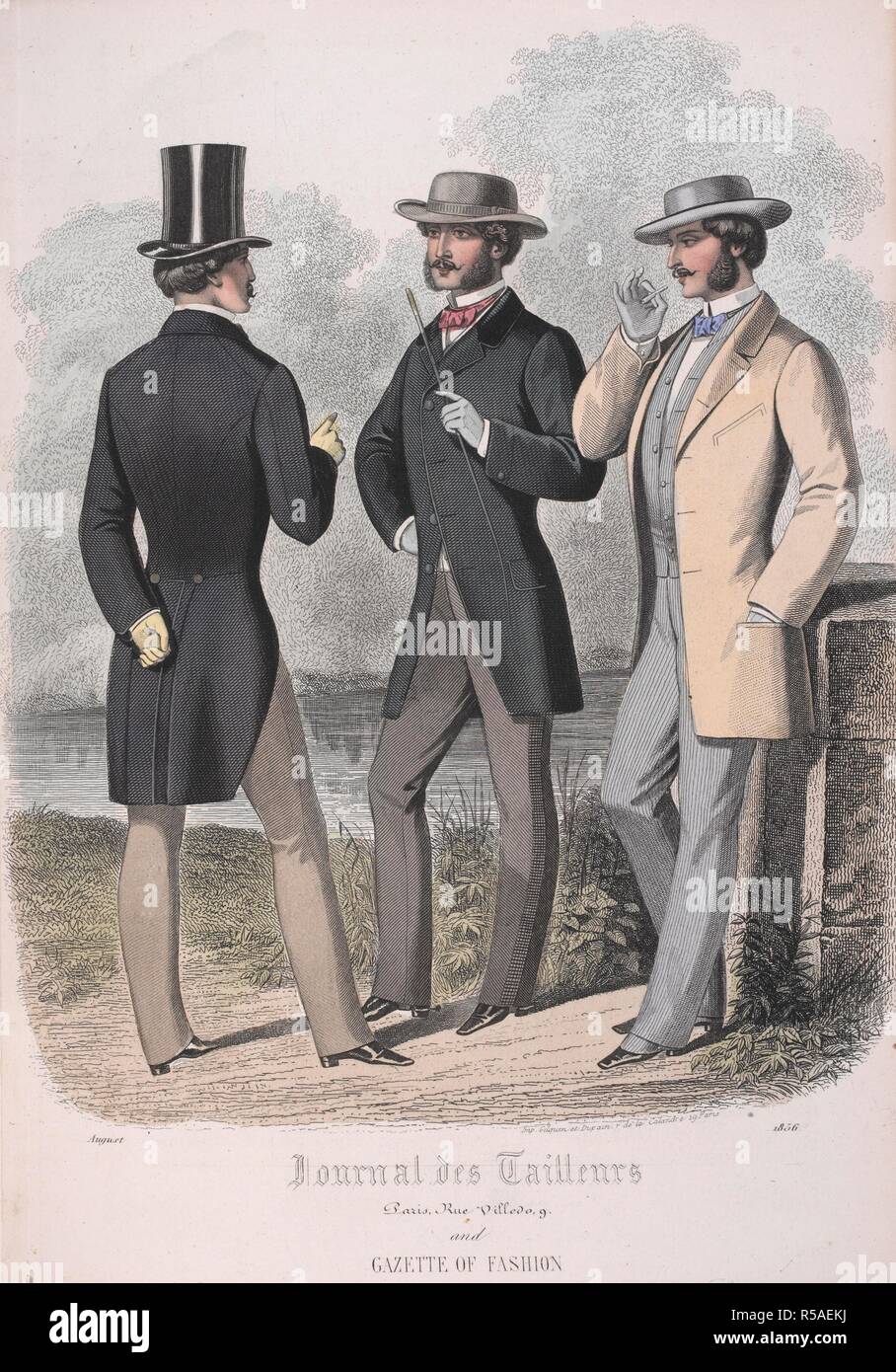 Drei Männer tragen Jacken. Amtsblatt der Mode (mit Platten aus Journal des Tailleurs). London, 1856. Quelle: Zeitung der Mode, August 1856, S. 22. Stockfoto
