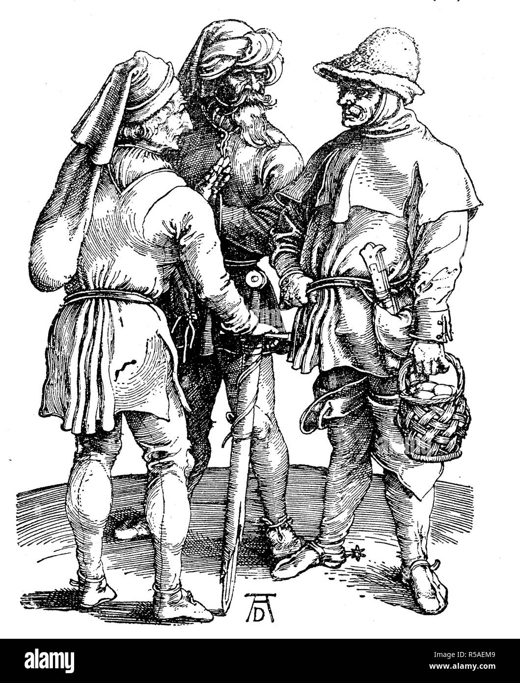 Abbildung: drei Bauern aus dem Anfang des 16. Jahrhunderts, ausgearbeitet und von Albrecht Dürer, Holzschnitt, Deutschland eingraviert Stockfoto