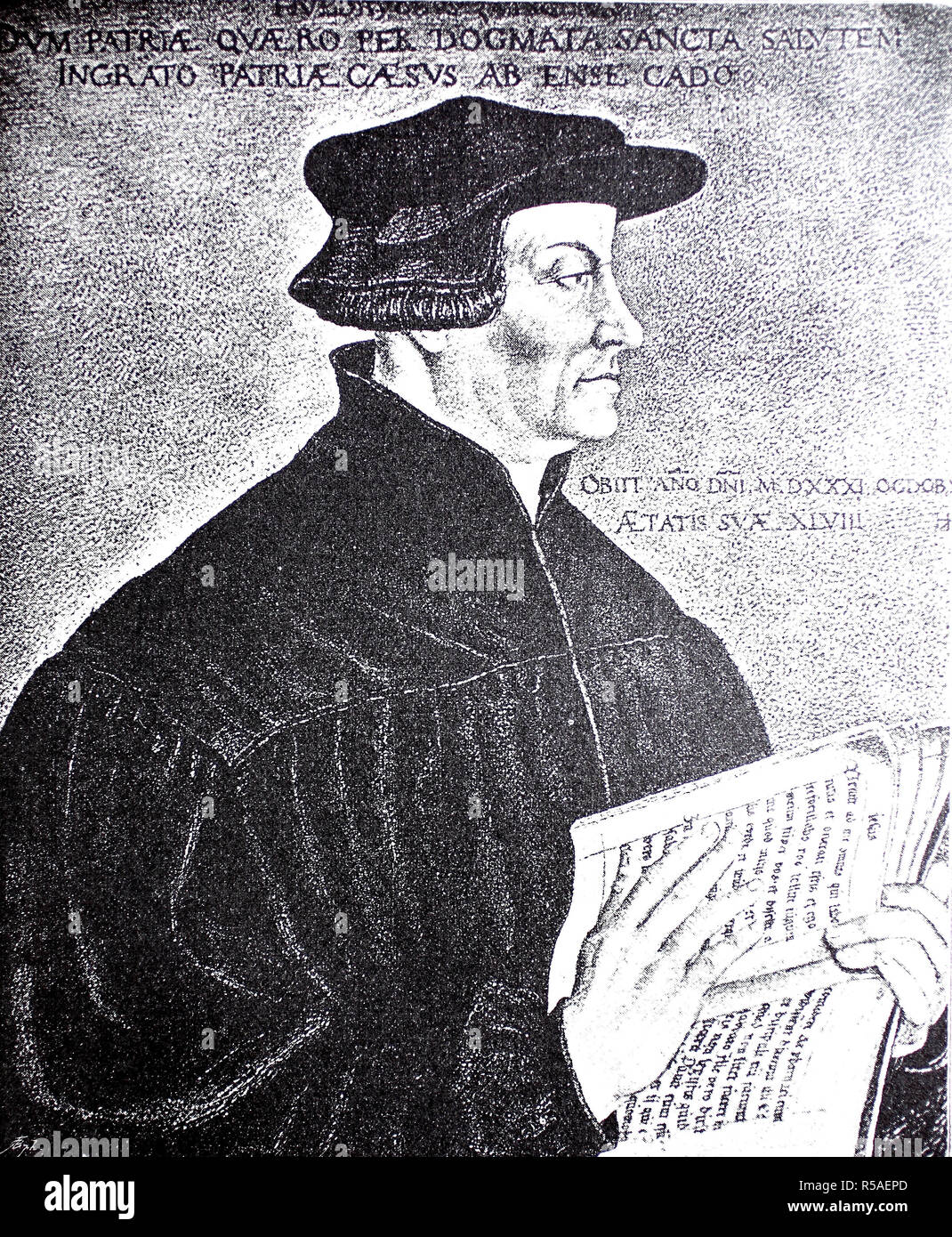 Huldrych Zwingli oder Ulrich Zwingli, 1. Januar 1484, vom 11. Oktober 1531, Führer der Reformation, Holzschnitt, Schweiz Stockfoto