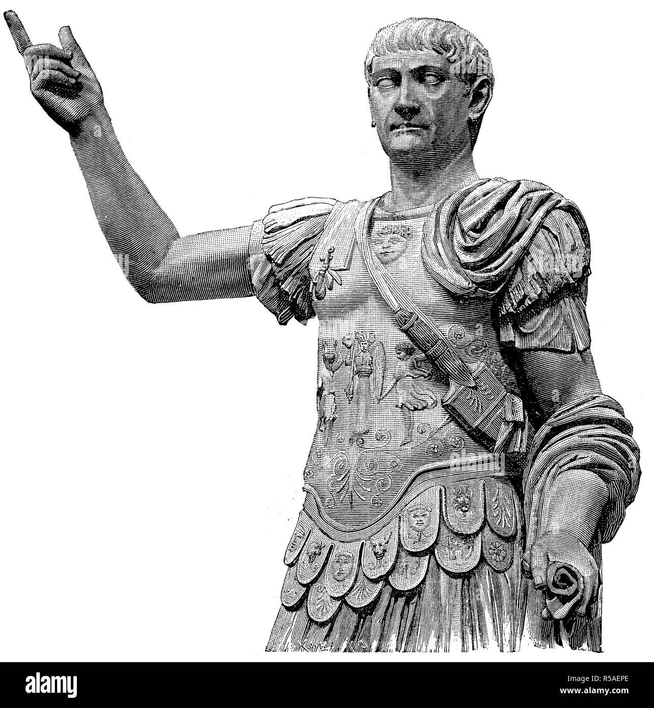 Trajan, 18. September 53,, 8. August 117, antikem Marmor statue im National Museum von Neapel, Holzschnitt, 1888, Italien Stockfoto
