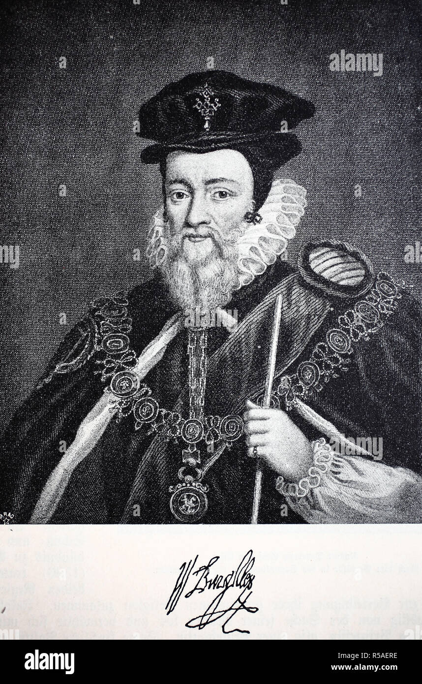 William Cecil, erster Baron Burghley, September 13, 1521, 4. August 1598, Politiker und führende Staatsmann, Holzschnitt, England Stockfoto