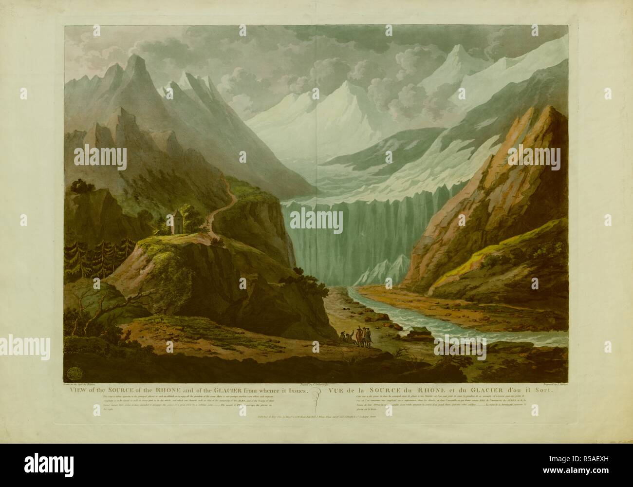 Eine Gruppe von fünf Männern von der Rhône im Vordergrund, mit Mountain Road und Wälder links und Gletscher und Schweizer Alpen im Hintergrund; erläuternden Text in zwei Spalten unten. . Blick auf die Quelle der Rhone und der Gletscher, von wo es Probleme = Vue de la Source du Rhone et du Glacier d'ou il Sortieren. /Gezeichnet auf der Stelle von Chatelet. ; Gemalt von S. rghe VanlerbÃ". ; Gestochen von J. Merigot. [London]: veröffentlicht am 16. Mai 1801. Durch die Herren G. und W. Nicol Pall Mall, J. Weiß, Fleet Street und Colnaghi & Co. Cockspur Street, [16 Mai 1801]. 1 Drucken: Hand-farbigen Aquatinta und Ätzen. Stockfoto