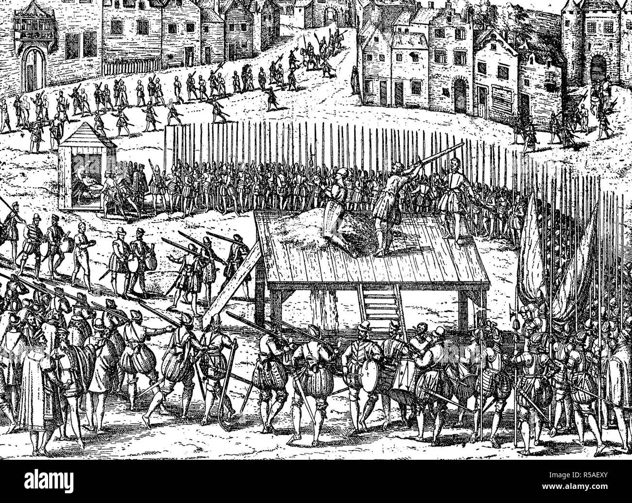 Ausführung der Adel nach dem Genuss von Albas, am Roßmarkt in Brüssel, 1572, Holzschnitt, Belgien Stockfoto