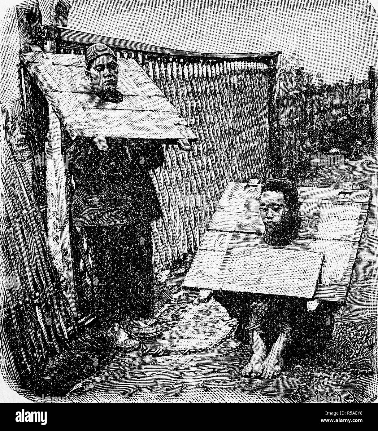 Bestrafung von Straftätern in China durch eine throatboard, 1870, Holzschnitt, China Stockfoto