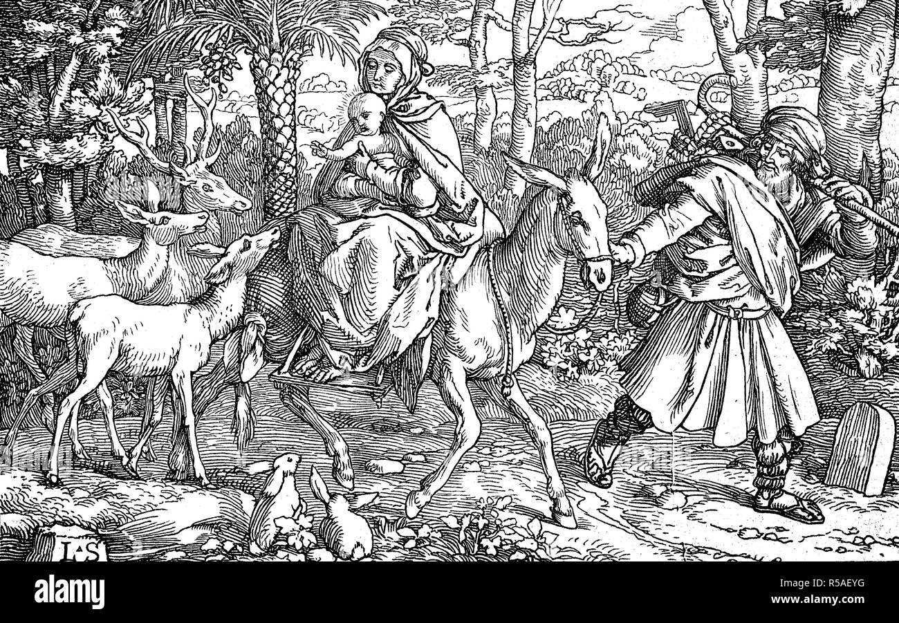 Die Flucht nach Ägypten, biblische Ereignis im Evangelium des Matthäus, Holzschnitt, 1888 beschrieben, England Stockfoto