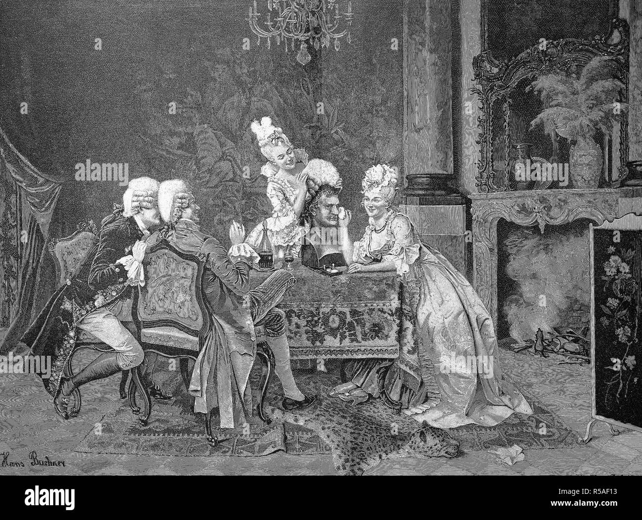 Noble Gesellschaft, reiche Leute in ein elegantes Wohnzimmer, Zeitvertreib, Männer mit Perücke, 1880, Holzschnitt, Deutschland Stockfoto
