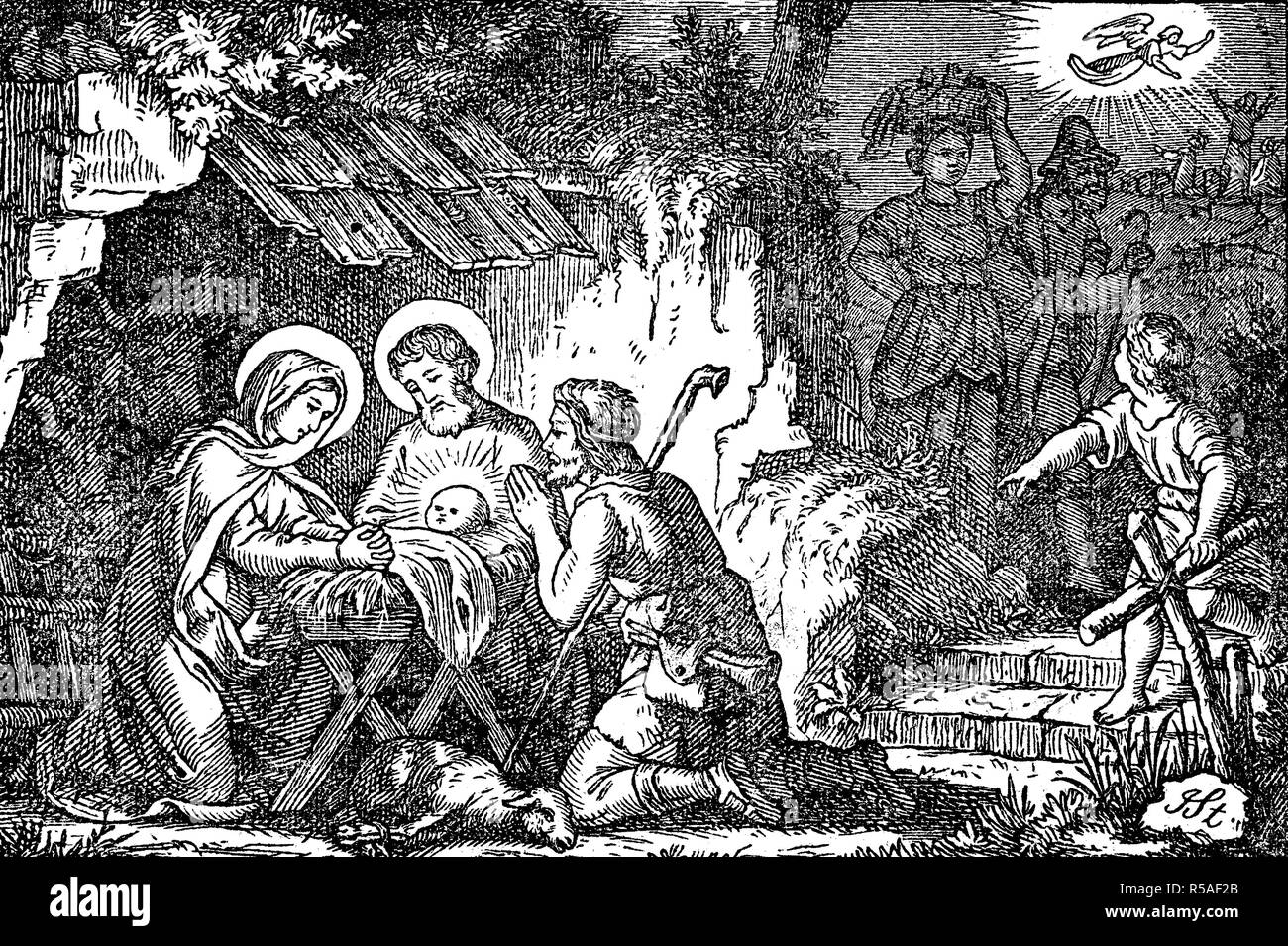 Die Anbetung der Hirten, die in der Geburt von Jesus in der Kunst, ist eine Szene, in der die Hirten in der Nähe von Zeugen der Geburt der Stockfoto