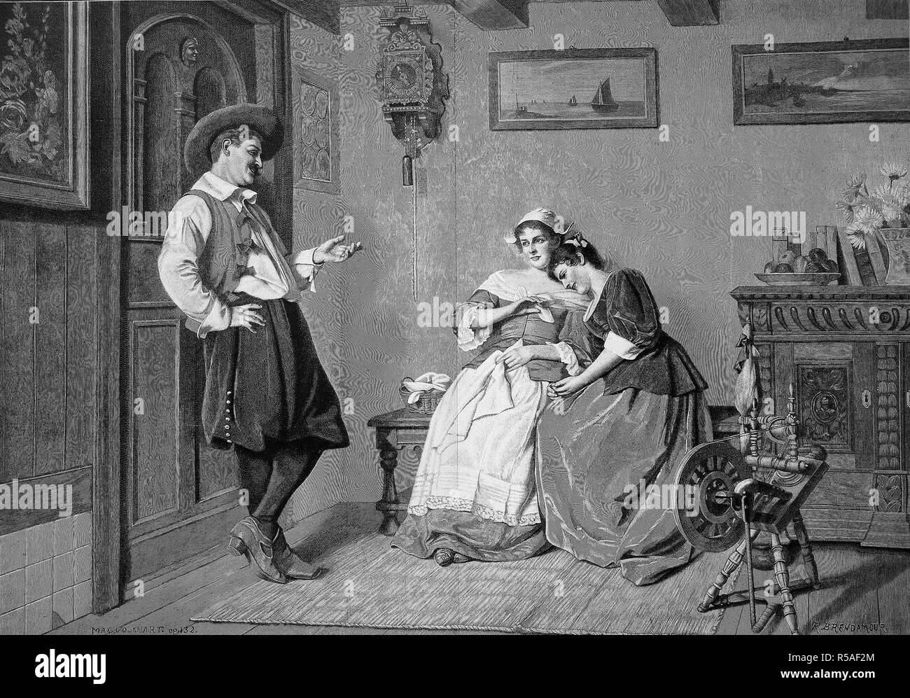 Lage in einem Wohnzimmer in 1850, junge Mann quält zwei Frauen, Spinnrad, Freundinnen, flirten, Holzschnitt, Frankreich Stockfoto