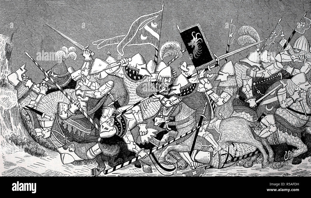Schweizer Habsburg Kriege, Schlacht von Sempach, Ritter in die Schlacht, Miniatur aus dem Jahre 1385, Deutschland Stockfoto