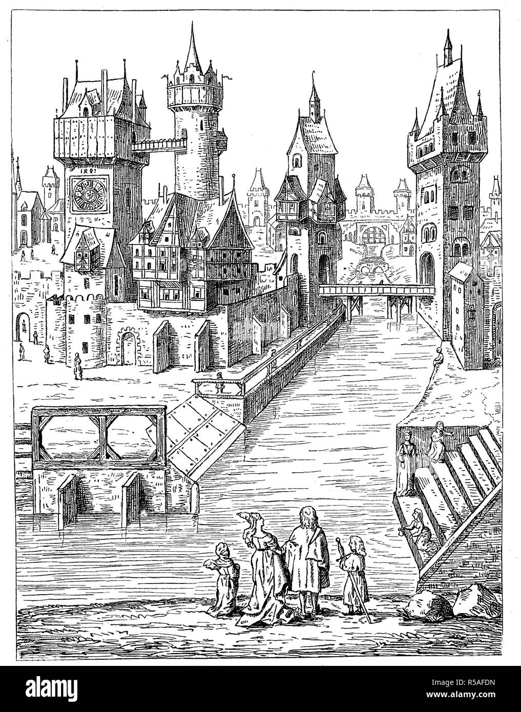 Szene in einer Stadt in der XV. Jahrhundert, Menschen, die von den Fluss, Feder und Tinte Zeichnung von 1491 in der Erlanger Bibliothek, 1880 Stockfoto