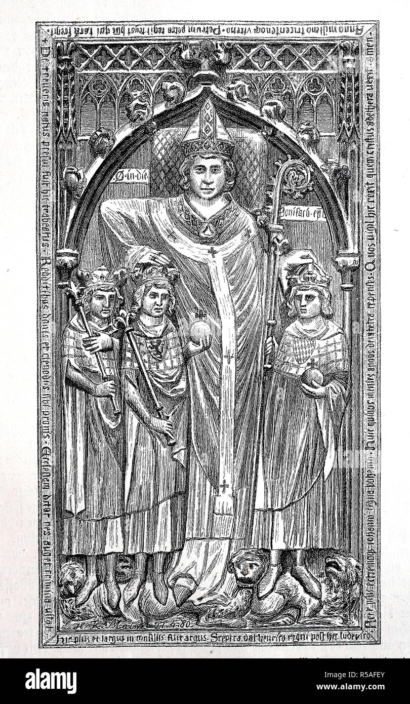 Das Grab von Peter von Aspelt oder Aichspalt, Erzbischof von Mainz mit drei von ihm gekrönte Könige, Heinrich VII., Ludwig dem Bayern Stockfoto