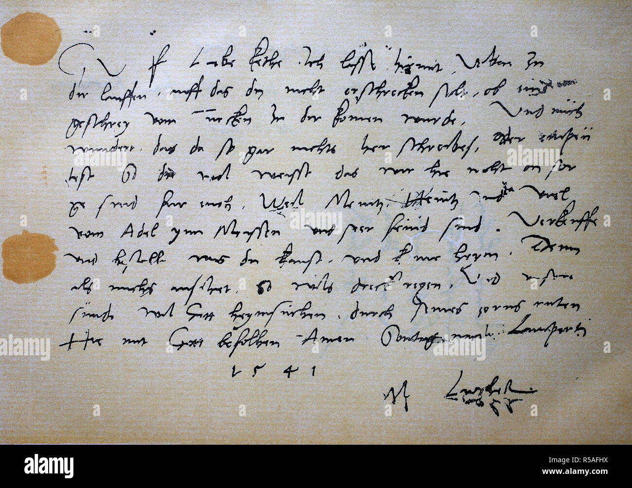 Ein autogramm Schreiben von Martin Luther zu seiner Hausfrau Katharina von September 18, 1541, Holzschnitt, Deutschland Stockfoto
