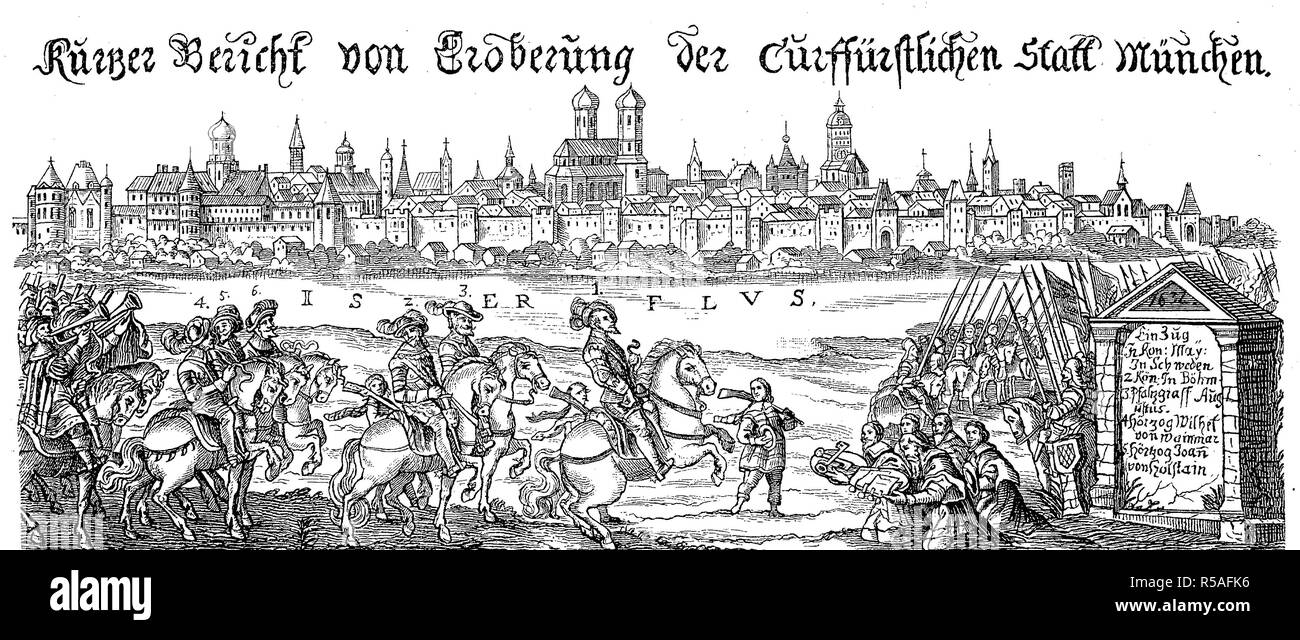 Mai 1632, König Gustav II Adolf näherte sich mit seinen Truppen und feierlich Einzug in der Stadt München, 1880, Holzschnitt Stockfoto