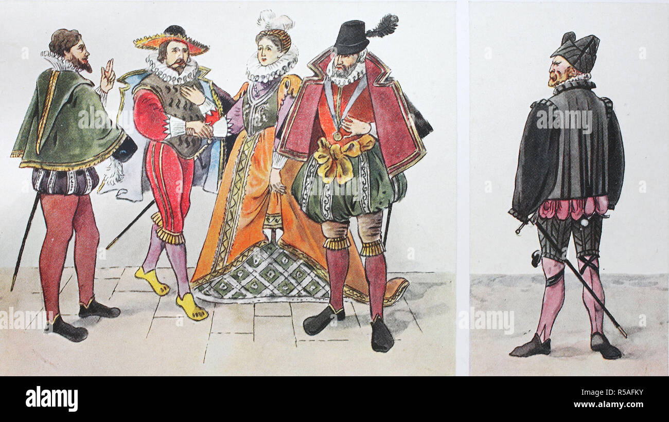 Mode, Trachten, Kleidung in Deutschland während der spanischen Mode um 1550-1600, 1585, von links, einen Mann, in spanische Kostüm, Stockfoto