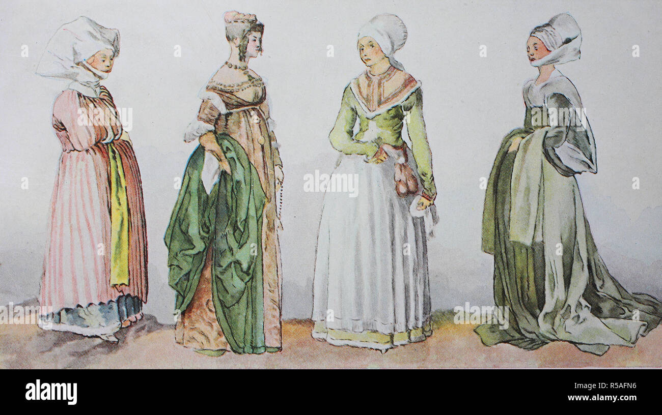 Bekleidung, Mode in Deutschland während der Reformation um 1500-1530, Illustration, Deutschland Stockfoto