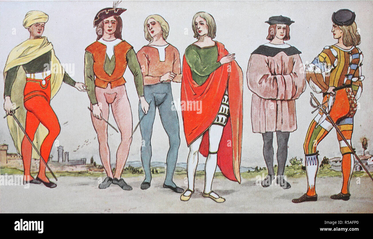 Bekleidung, Mode in Italien zur Zeit der Renaissance um 1500, Illustration, Deutschland Stockfoto