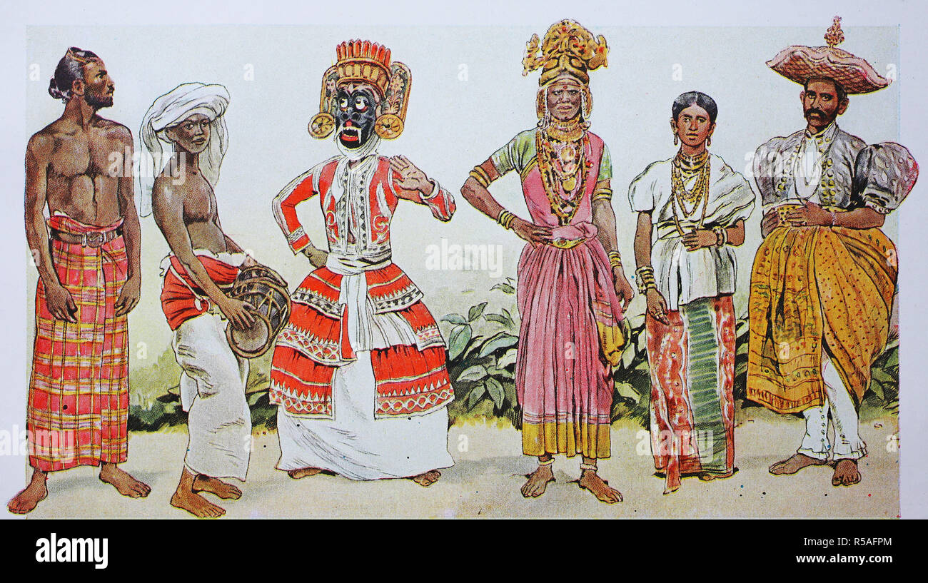 Bekleidung, Mode in Indien in der modernen Geschichte, Bewohner der Insel Ceylon, von links, eine Tamule, Tamyle, dann ein Stockfoto