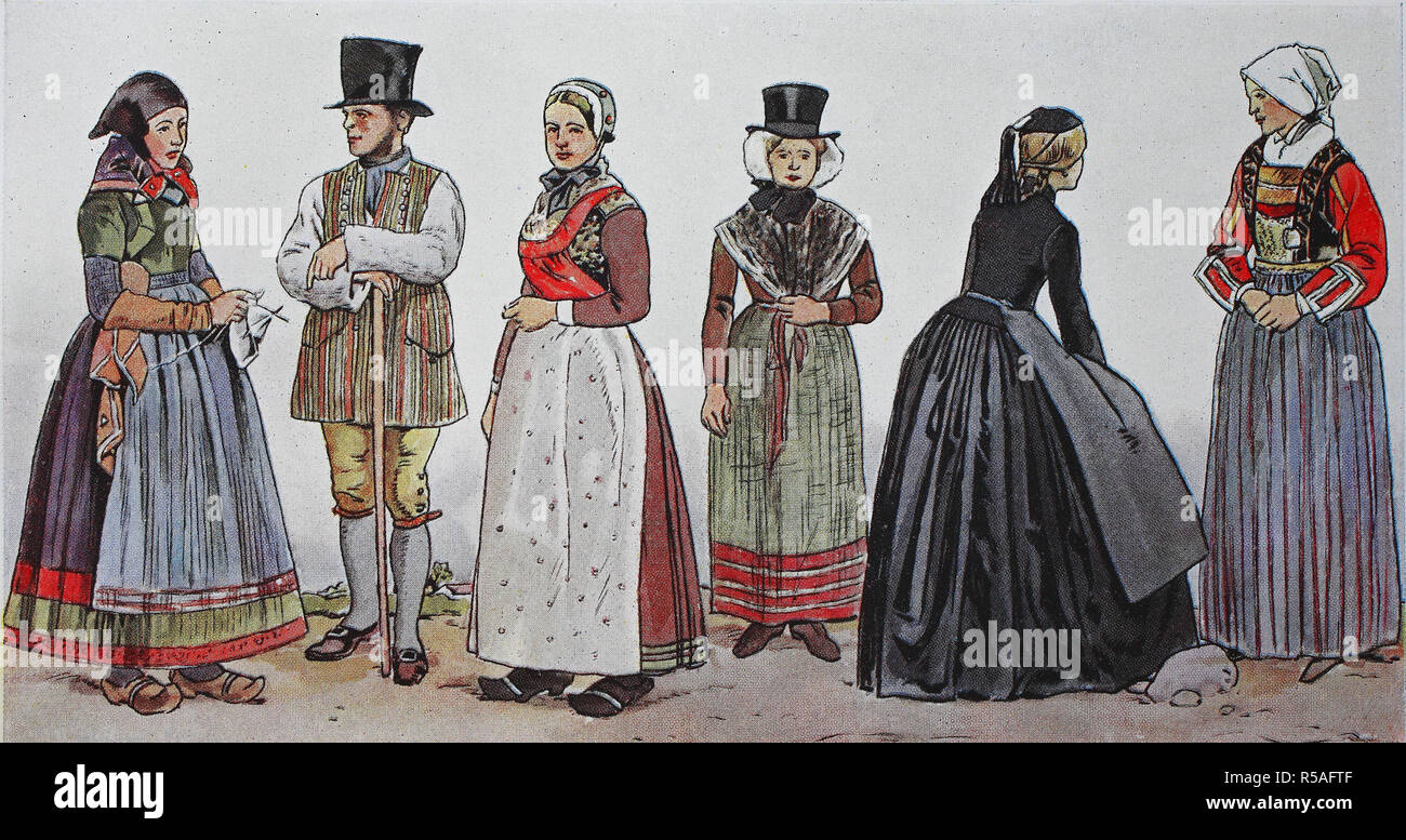 Menschen in traditionellen Kostümen, Mode, Kleidung in Dänemark, Trachten  in der modernen Geschichte, Illustration, Dänemark Stockfotografie - Alamy