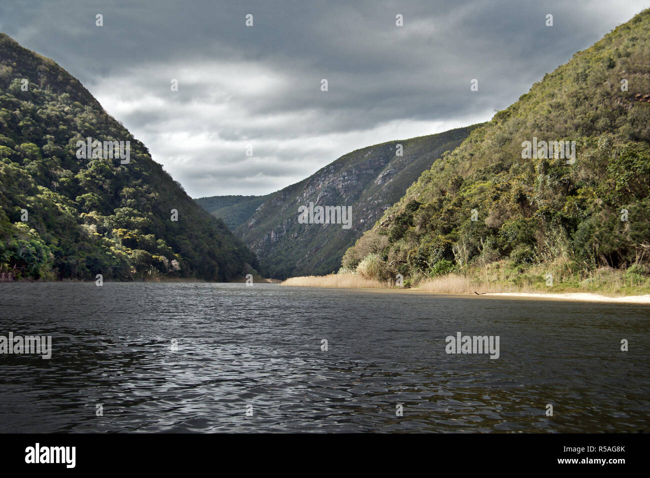 Keurbooms River ist ein Fluss in der Western Cape Provinz von Südafrika. Es fließt in den Indischen Ozean durch die keurbooms Estuary in der Nähe von Plettenberg Bay. Stockfoto