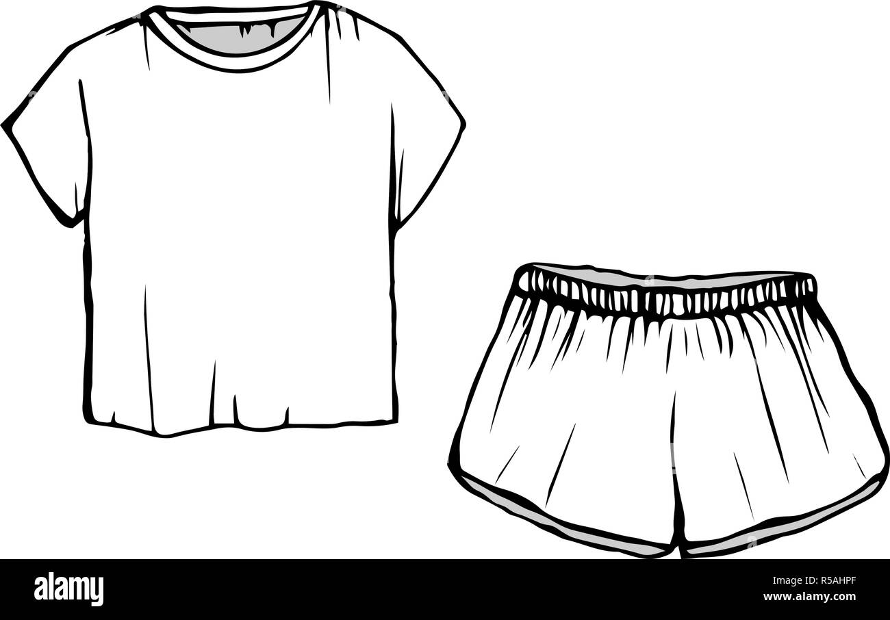 Frauen Mode Nachtwäsche. Zeichnung Schlafanzug. Weiße Shorts und T-Shirt. Vektor Nachtwäsche isoliert Abbildung. Stock Vektor