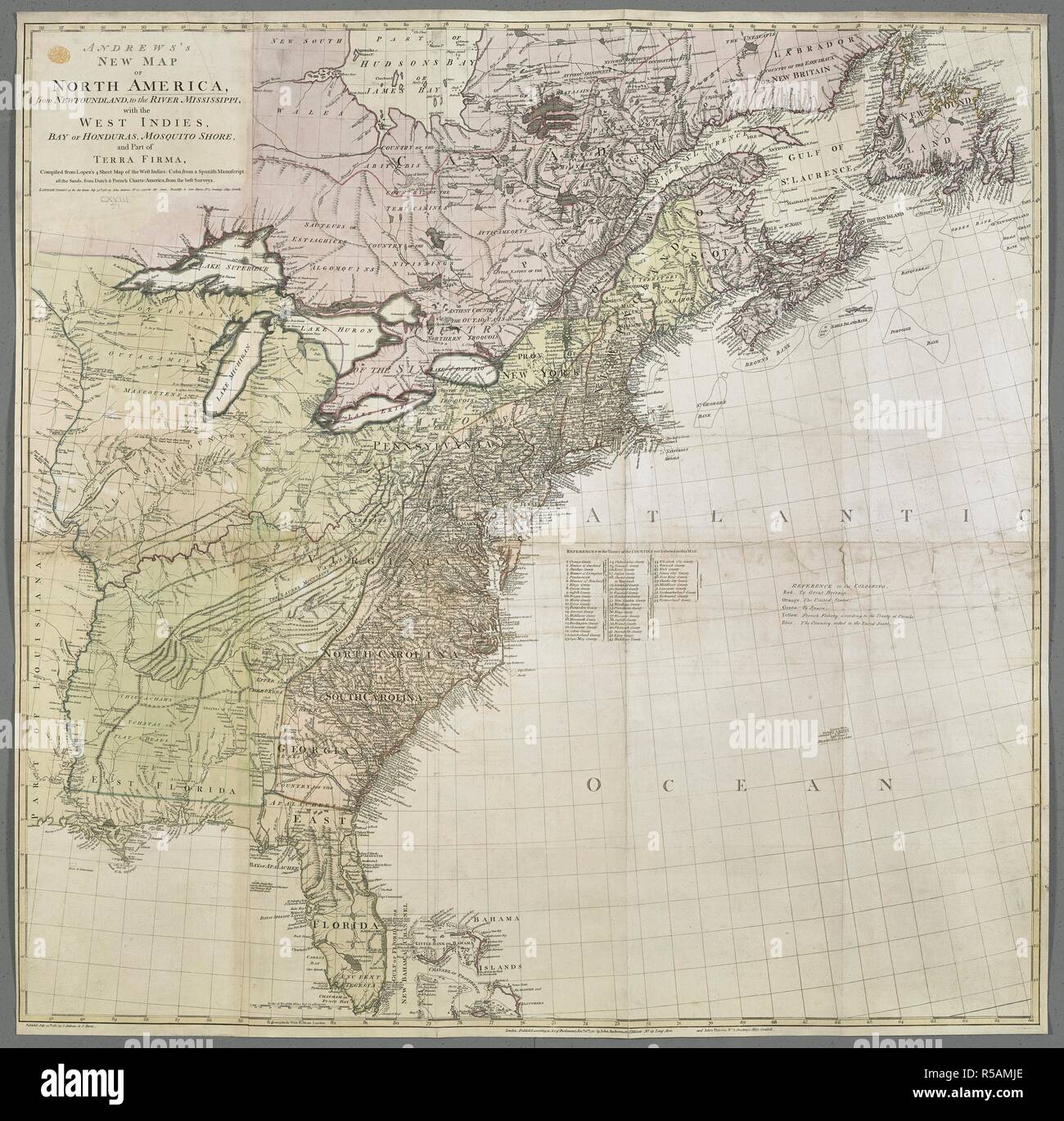 Eine Karte von Nordamerika von Neufundland zu den Fluss Mississippi; mit den West Indies, Bucht von Honduras, Ufer und Teil von Terra Firma. ANDREWS NEUE KARTE VON NORDAMERIKA, von Neufundland, zum Fluss Mississippi, mit der West Indies, BUCHT VON HONDURAS, Mosquito Küste. und Teil von TERRA FIRMA. : Von Lopez 4 Blatt Karte der West Indies zusammengestellt: Kuba von einem spanischen Manuskript: Alle Sands, aus dem Niederländischen und Französischen Charts: Nordamerika, aus den besten Umfragen. [London]: Veröffentlicht, Juli 30.th 1782, von J. Andrews, & J. Harris, London. Veröffentlichen würde nach dem Gesetz des Parlaments, 31.01.y16.th 1. Stockfoto