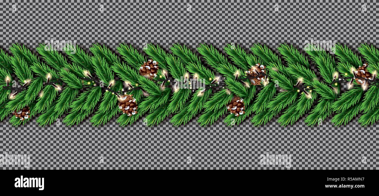 Weihnachtsbaum FIR-Grenze mit Garland und Kegel auf Transparenten Hintergrund. Vector Illustration. Grenze des Realistischen Weihnachten Baum verzweigt. Stock Vektor