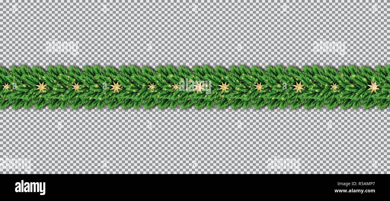 Grenze mit Weihnachtsbaum, Zweige und goldenen Sternen auf Transparenten Hintergrund. Vector Illustration. Tanne Zweig Grenze. Stock Vektor