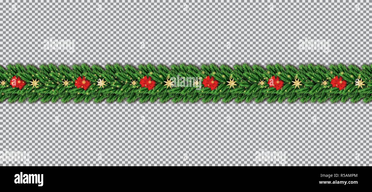 Grenze mit Weihnachtsbaum Zweige, roten Bogen und goldenen Sternen auf Transparenten Hintergrund. Vector Illustration. Tanne Zweig Grenze. Stock Vektor
