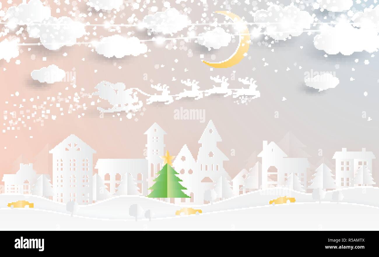 Christmas Village und Weihnachtsmann im Schlitten in Papier schneiden Stil. Winterlandschaft mit Mond und Wolken. Vector Illustration. Frohe Weihnachten Stock Vektor