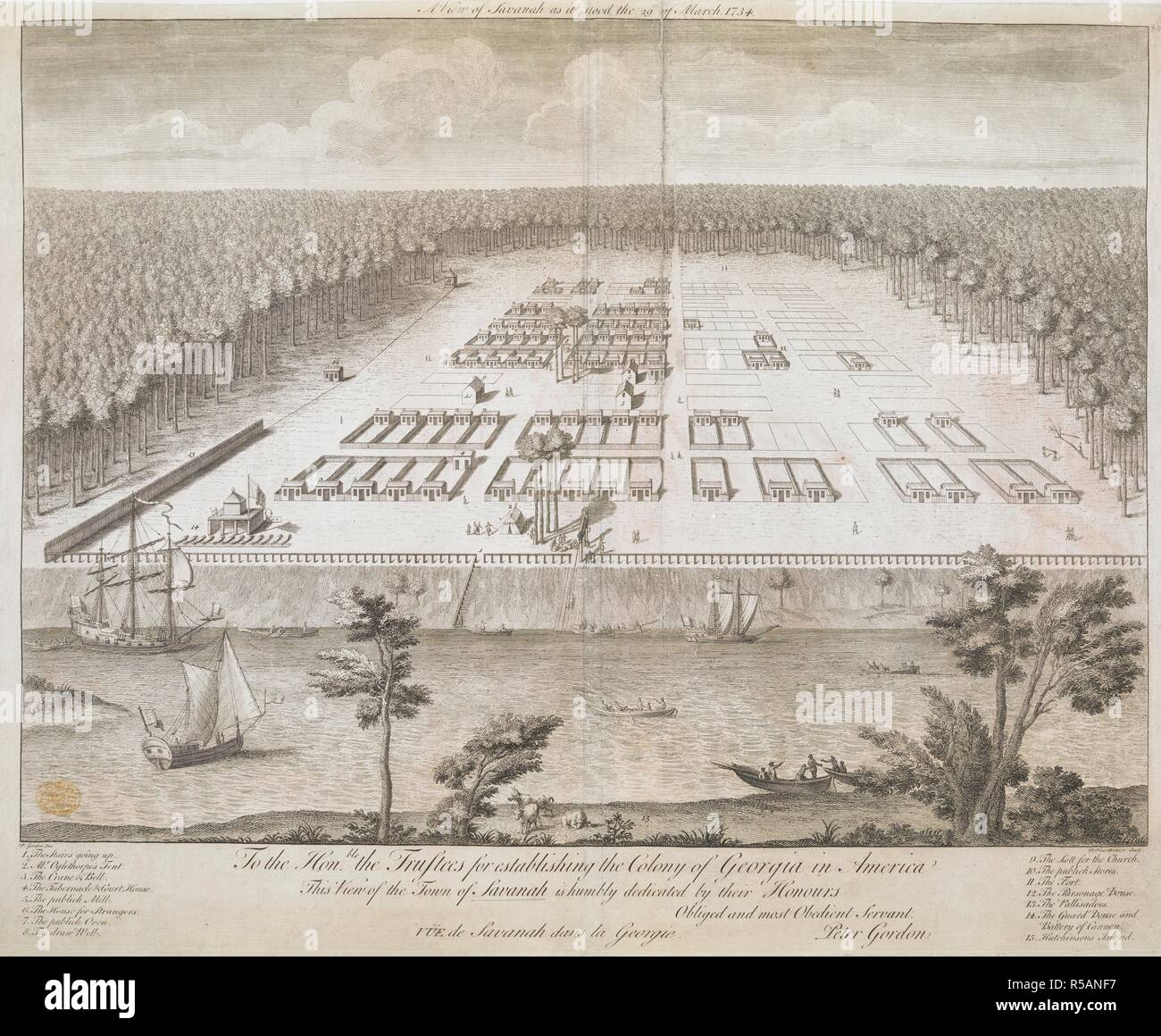 Aus der Vogelperspektive Savannah von Hutchinson Island, mit Kühe grasen unter den Bäumen, zwei Boote am Ufer nähern, Segelschiffe und den Savannah River im Vordergrund. Wohnungen und öffentliche Gebäude in einem Raster, Schiffe, Boote, ein Zaun und ein Wald im Hintergrund. Ein Blick auf die savanah, wie es Stand der 29. März 1734 = VÃoeE de Savanah dans la Georgie: Hon. ble die Treuhänder für die Gründung der Kolonie Georgia in Amerika diese Ansicht der Stadt Savanah ist demütig durch ihre Ehrt engagierte verpflichtet und die meisten gehorsamen Diener Peter Gordon. [London]: [Herausgeber nicht identifi Stockfoto