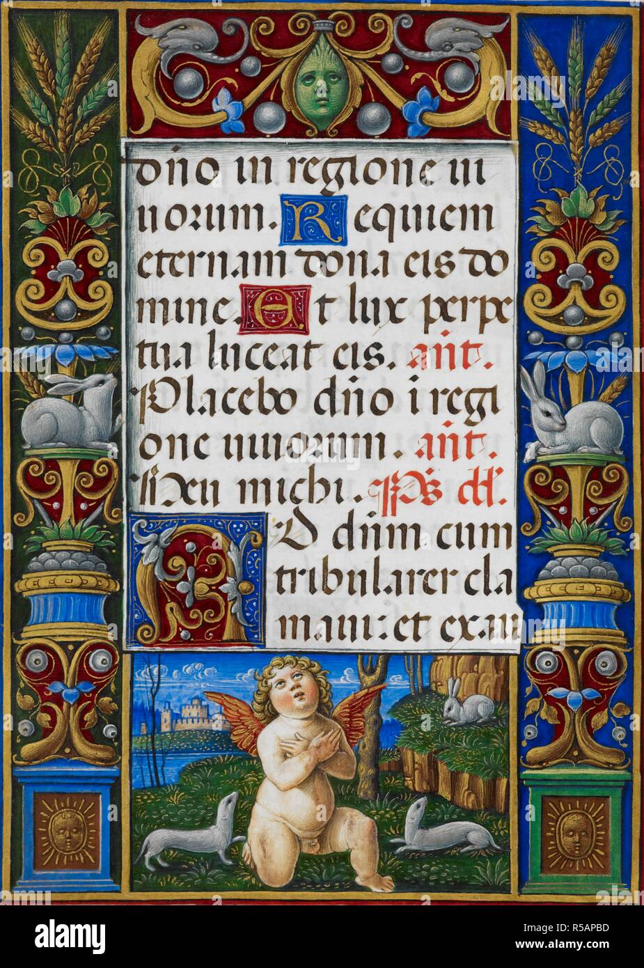 Text Seite vom Büro der Toten mit verzierten Rand zeigt ein Putto mit zwei Hermelin und ein Kaninchen. Sforza Stunden. Mailand, ca. 1490; Flämische Insertionen, 1517-1520. Quelle: Hinzufügen. 34294, f.259 v. Sprache: Latein. Autor: Birago, Giovan Pietro. Stockfoto