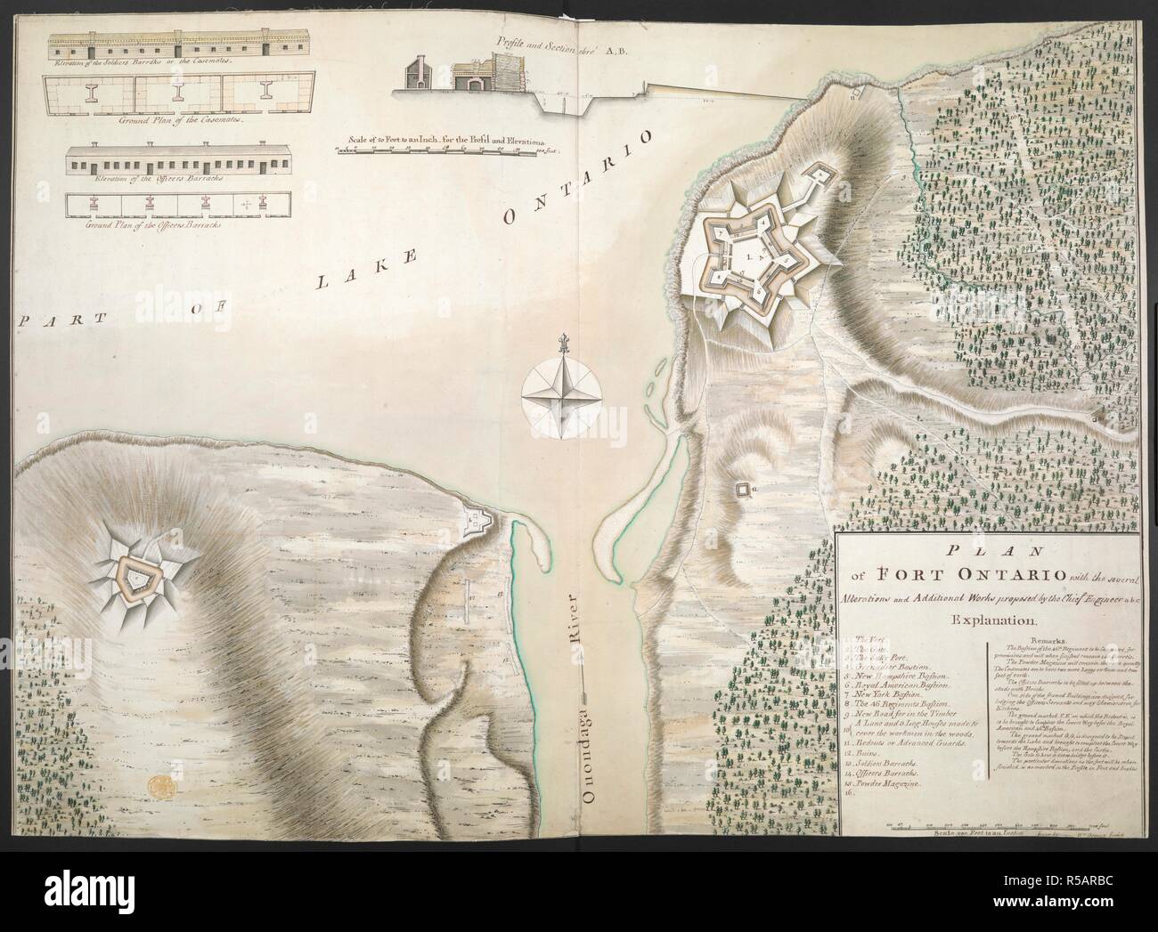 Plan von Fort Ontario, c 1760. Eine farbige "Plan von Fort Ontario [und Umgebung], mit dem mehrere Änderungen und zusätzliche Arbeiten durch den Chief Engineer vorgeschlagen; 'Über 1760 gezeichnet, durch Wm. Brasier, auf einer Skala von 200 Fuß zu einem Zoll; mit Profils und Abschnitte auf einer Skala von 20 Fuß zu einem Zoll. c 1760. Quelle: Maps.K.. 121.87. Stockfoto