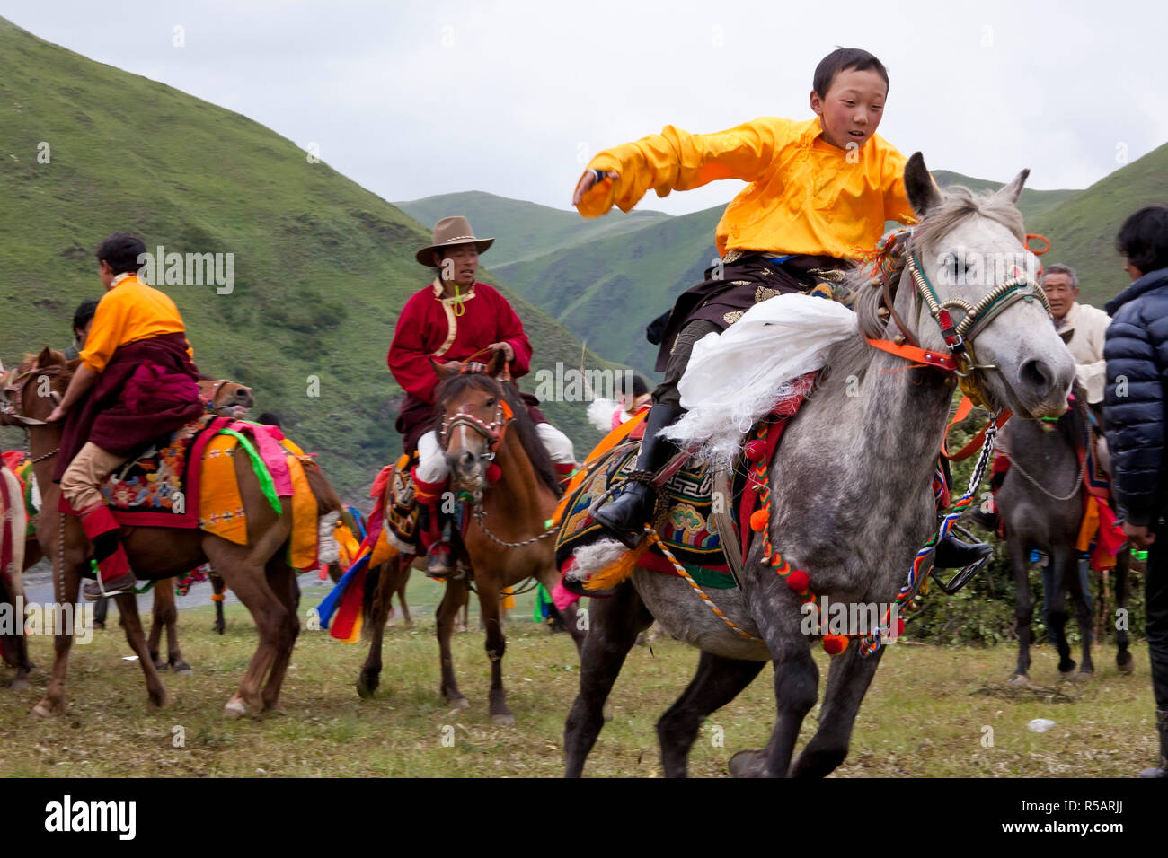 Khadak Pferd Rennen herauf Katag (für religiöses Grüße & Respekt verwendet) Schals, Horse Festival, Tagong, tibetischen Bereich; Sichuan, China Stockfoto