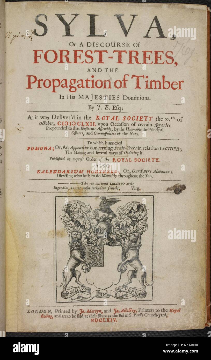 Illustrierte Titelseite. Sylva, oder ein Diskurs der Wald - Bäume, und die Ausbreitung von Holz in seiner Majestäten Herrschaften. Von J. E. Esq; Wie es war liefern, die in den königlichen Gesellschaft der XV. im Oktober, MDCLXII... Zu Pomona beigefügt ist; oder ein Anhang über Obst-Bäumen in Bezug auf Apfelwein ... Durch die Bestellung der Royal Society veröffentlicht. Auch Kalendarium hortense; oder, ners Gard'Almanach, usw. [Die Widmung unterzeichnet: J. Evelyn.]. London: Gedruckt von Jo. Martyn & Ja. Allestry, 1664. Quelle: 447. Ich. 9 Titel Seite. Autor: Evelyn, John. Stockfoto