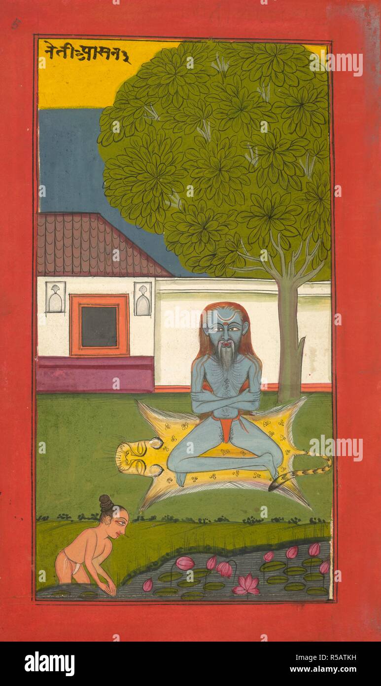 Ein Yogi. Asanas und Mudras (Hata Yoga). 19. Ein Yogi auf einem Tigerfell sitzt. Bild aufgenommen von Asanas und Mudras (Hata Yoga). Ursprünglich veröffentlicht in 19. Jahrhundert produziert. . Quelle: Hinzufügen. 24099, f 5. Sprache: Hindi. Stockfoto