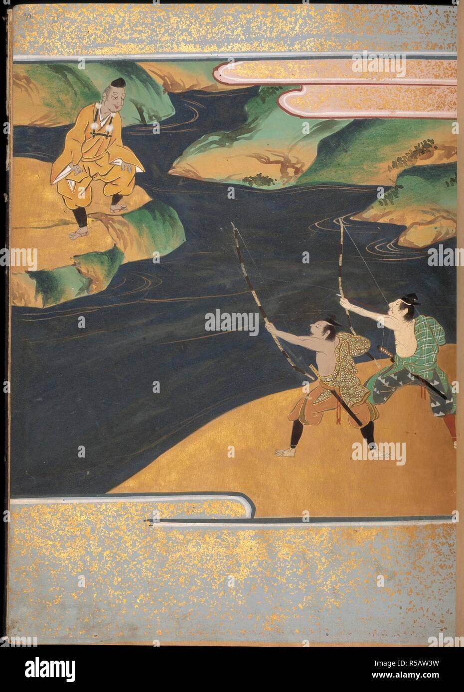 Japanische Bogenschützen. Benkei Monogatari ("Die Geschichte von Benkei'). Anfang der Edo-Zeit (1640-1680). Nach einem Manuskript erzählt die Geschichte des Kriegers Mönch Benkei, treu den Halter der Minamoto Yoshitsune. Bild von Benkei Monogatari getroffen werden ("Die Geschichte von Benkei'). Ursprünglich veröffentlicht in der frühen Edo-zeit (1640-1680). . Quelle: Oder. 12439 Band 2, 90. Sprache: Japanisch. Stockfoto