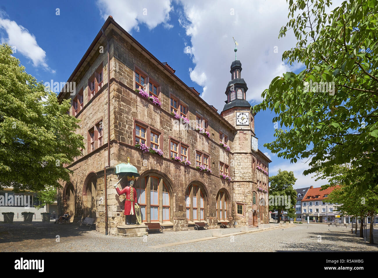 Rathaus mit Roland in Nordhausen, Thüringen, Deutschland Stockfoto