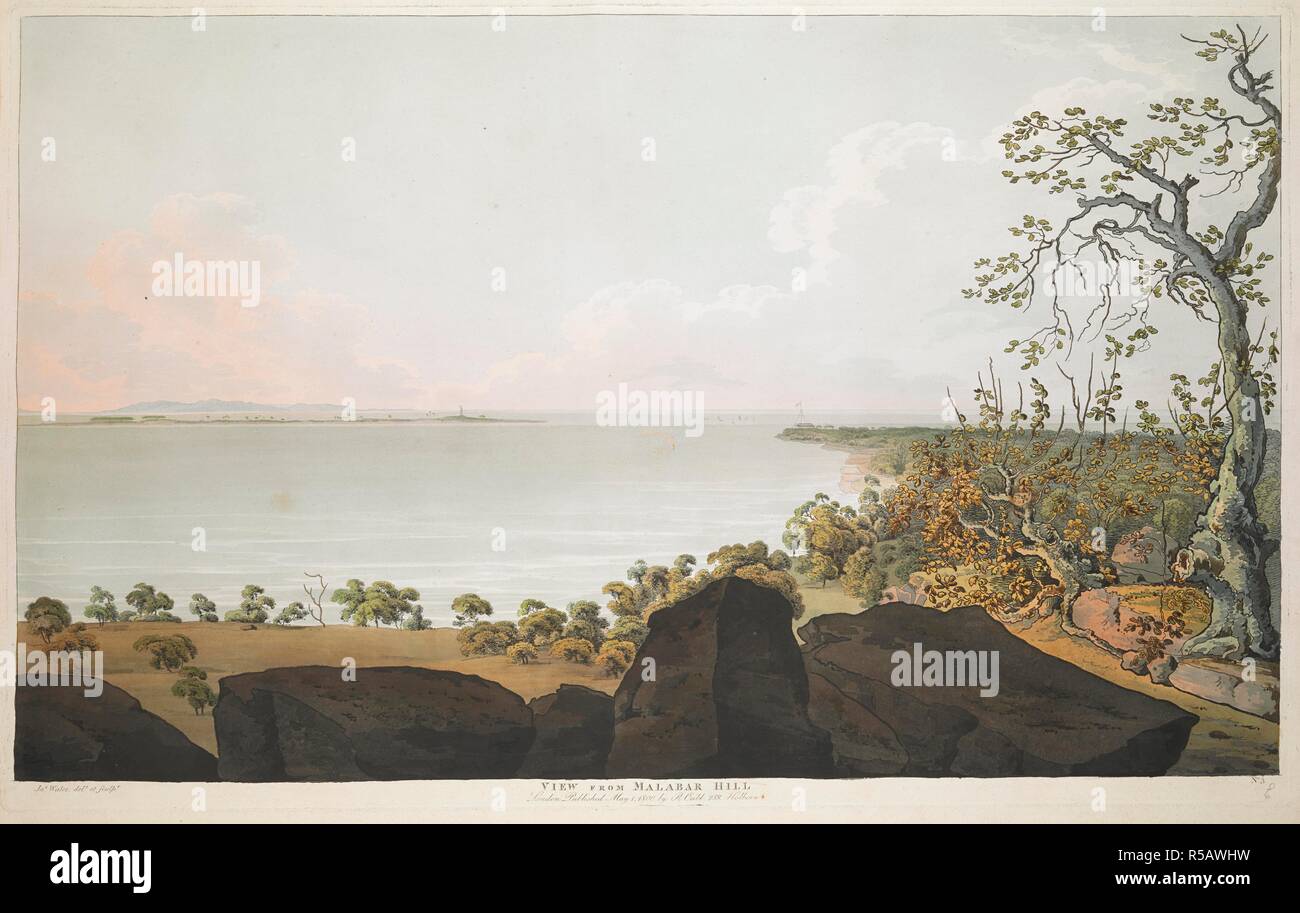 Blick von Malabar Hill. Panorama von Malabar Hill über die Back Bay; Bäume im Vordergrund; ein entferntes Schiff am Horizont. Diese Platte und Platte Nr. 4 bilden das Panorama. . [Bombay Ansichten. 12 Blick auf die Insel von Bombay und Umgebung: In den Jahren 1791 und 1792]: [entworfen und auf der Stelle von James Wales eingraviert, und in dieses Land gebracht durch Sir Charles Warre Malet]. [London]: [von R. Cribb veröffentlicht], [1800]. 1 Drucken: Radierung mit hand-Färbung; plattenrand 40,2 x 64,8 cm, Blatt 46,9 x 70,6 cm. Quelle: Karten 7 Tab.20. Nr. 3. Stockfoto