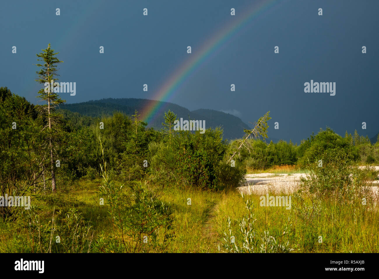 Der Regenbogen im Isartal, zwischen Wallgau und Vorderiß, Bayern, Deutschland Stockfoto
