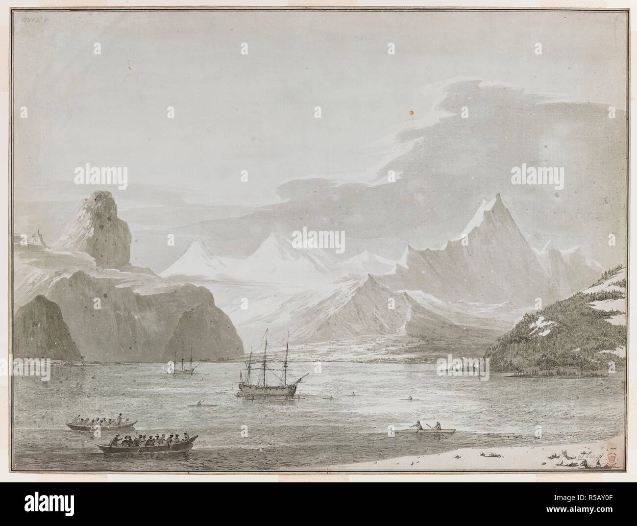 Ein Blick auf die gemütliche Ecke Cove. Ein Blick auf die gemütliche Ecke Cove, Prince William Sound, Alaska, mit Auflösung und Entdeckung in der Sound verankert. 90 Zeichnungen, einige in Tusche, einige farbige, von J. Webber während der dritten Reise von Captain Cook, 1776-1780 ausgeführt. Mai, 1778. Quelle: Hinzufügen. 15514, Nr. 8. Sprache: Englisch. Stockfoto